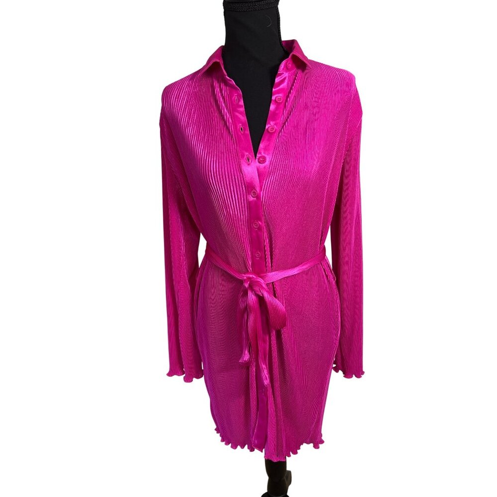 MABLE Zosia pleated satin mini shirtdress size S small fuschia